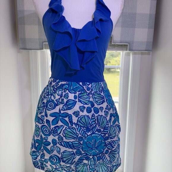 Lilly Pulitzer Dresses & Skirts - Lilly Pulitzer Blue Halter Shorely Quinn Dress XS Pockets Blue White Coverup